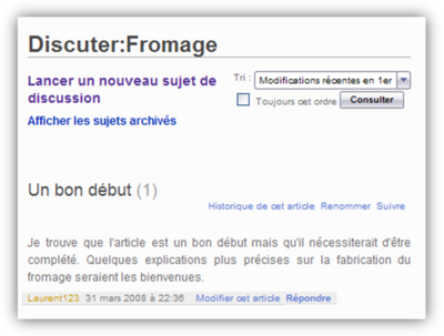 Exemple d'une page de discussion liée à un article de Wikimini