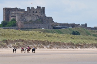 File:Sur la plage, cavaliers au pied du château de Bamburgh, Bamburgh, Northumberland, Angleterre, Royaume-Uni.-4493.jpg